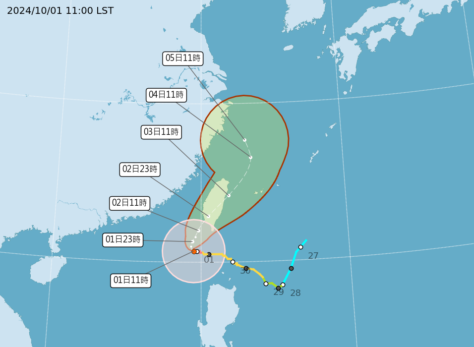 ▲▼1001山陀兒13時路徑預測。（圖／氣象署）