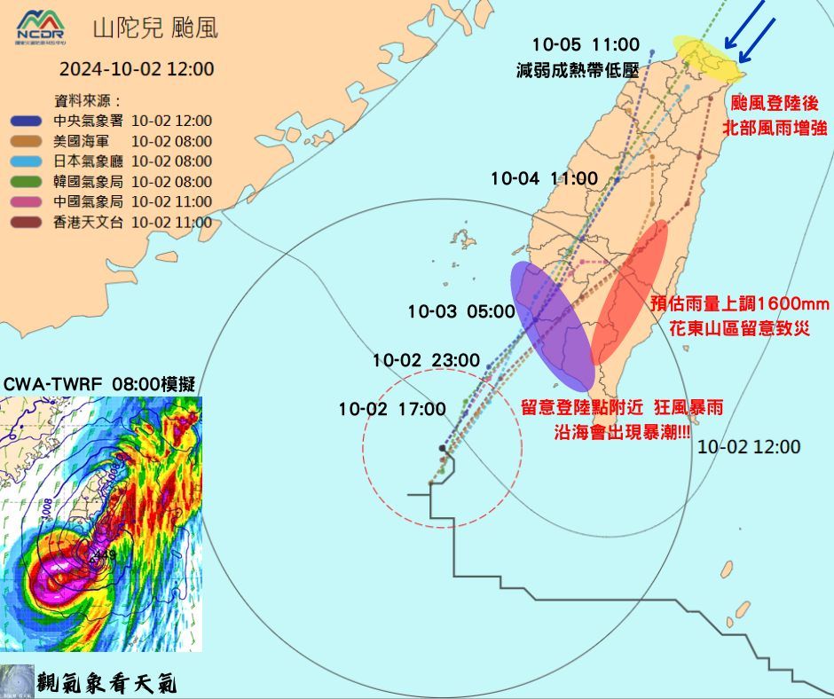 ▲▼山陀兒颱風路徑預估與影響情形。（圖／翻攝觀氣象看天氣臉書）