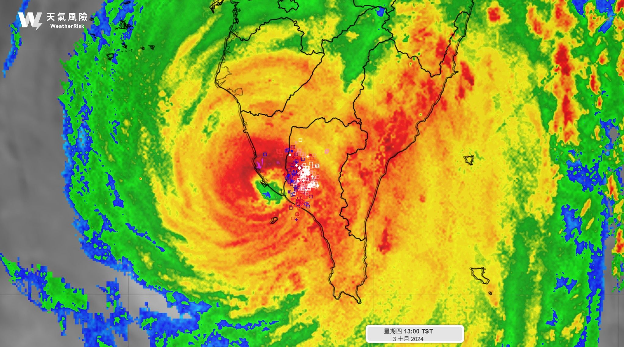 ▲▼山陀兒颱風中心環流緊實，觀測到大量的閃電訊號             。（圖／天氣風險 WeatherRisk臉書）