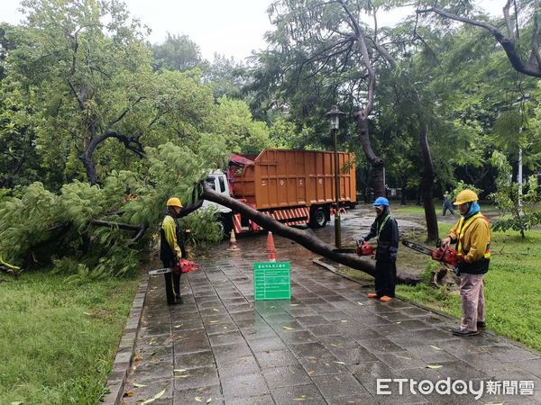 ▲颱風期間造成零星路樹倒伏、廣告招牌掉落、路面凹陷等情況，台南市工務局獲報後，立即出動人車到場排除，修補道路，迅速復原市容環境，確保市民安全。（圖／記者林東良翻攝，下同）