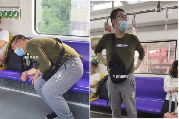 中國電車癡漢太誇張！明目張膽偷看女生裙下，旁邊阿公也看傻。（翻自微博）