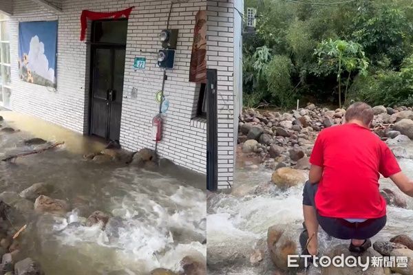 ▲▼金山因豪雨大淹水，金山長興宮險遭土石流淹沒。（記者郭世賢翻攝）