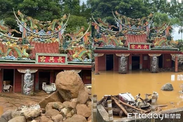 ▲▼長興宮4日險遭土石流淹埋（左圖），今早下大雨後又淹水（右圖）             。（圖／記者郭世賢翻攝）