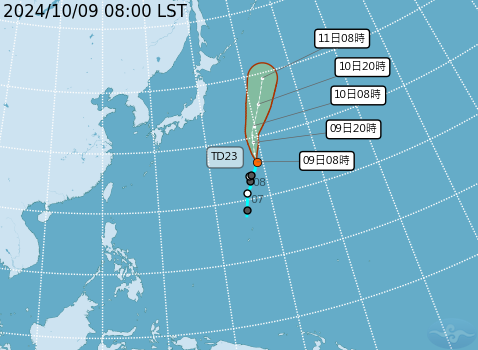 ▲▼熱帶性低氣壓TD23路徑預估 。（圖／氣象署提供）