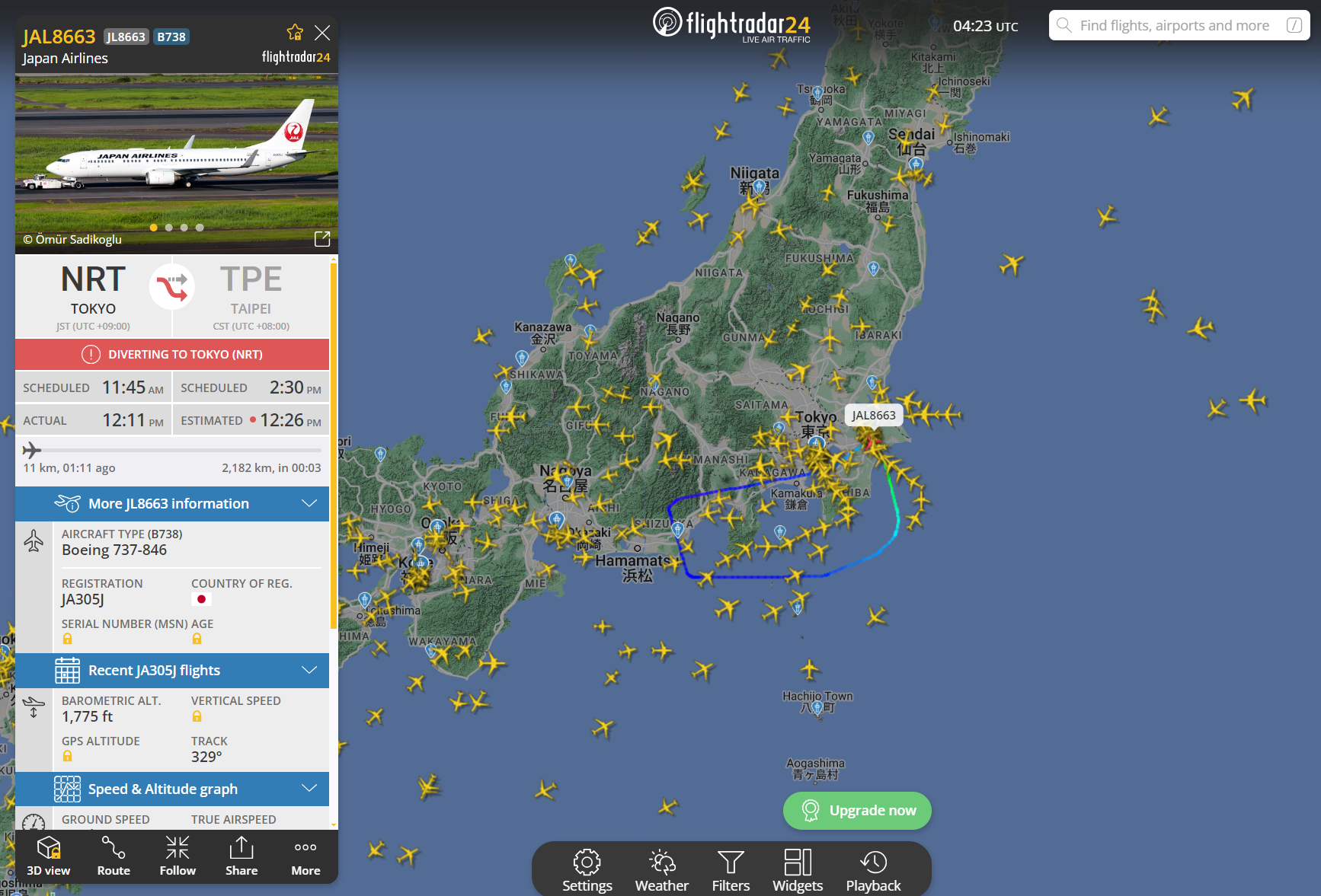 ▲▼ 日航JL8663航班路徑。（圖／翻攝自flightradar24）