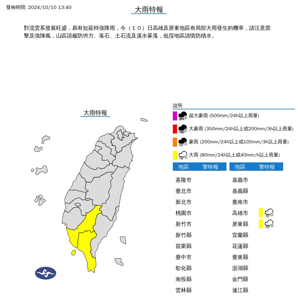 ▲▼高雄市、屏東縣、恆春半島發布大雨特報。（圖／氣象署提供）