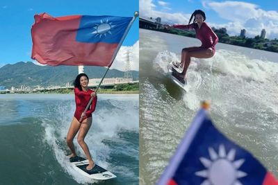 滑水女神陳美彤「扛國旗衝浪」慶雙十!嗨喊:我愛的台灣充滿熱血