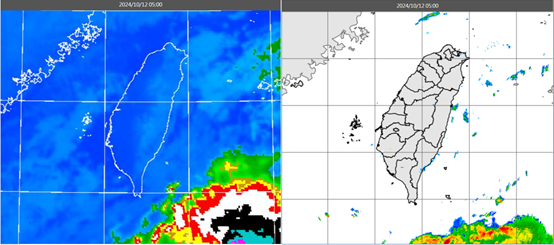 ▲▼今(12日)晨台灣附近雲層稀疏(左圖)，東側海面有零星、微弱的回波(右圖)。（圖／翻攝洩天機教室）