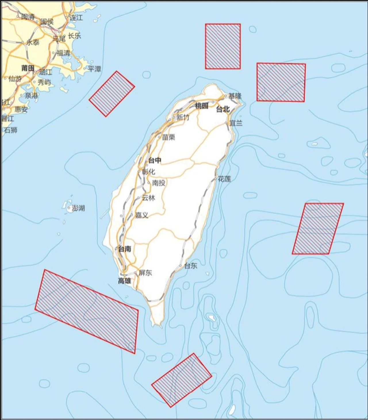 ▲▼2022年八月裴洛西訪台，大陸東部戰區軍演示意圖範圍，沒有台灣港口，主要強調火力打擊。       。（圖／翻攝 中國軍事）