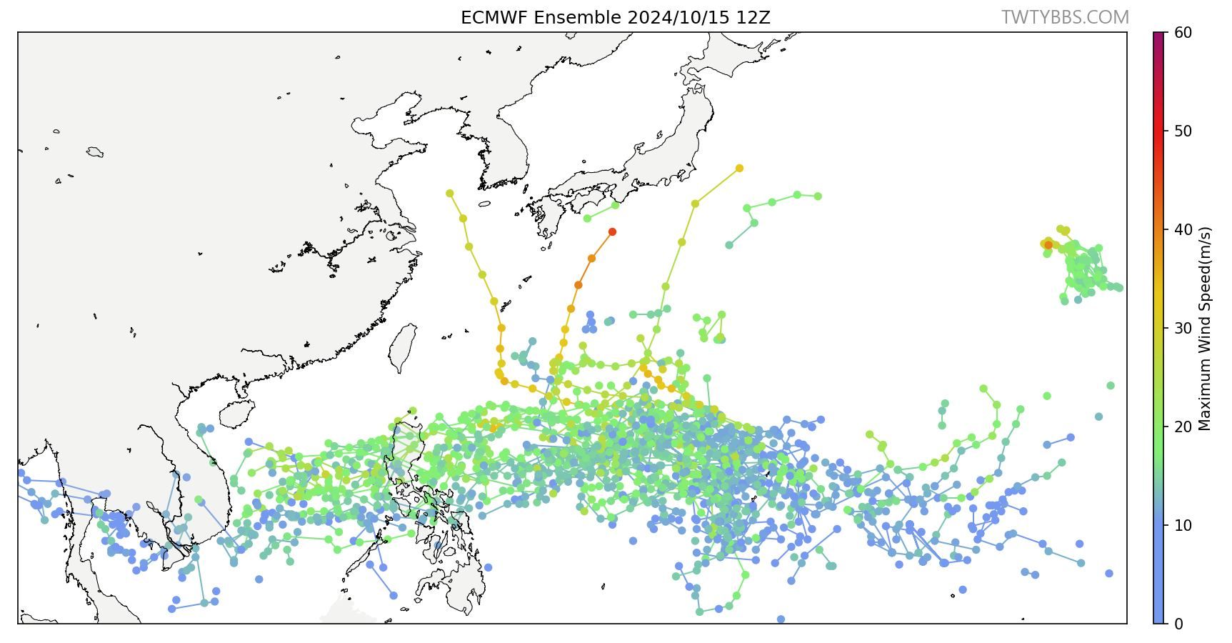 ▲▼歐洲模式系集圖顯示，下周關島至菲律賓東方之間密密麻麻，表示熱帶系統又將活躍。（圖／翻攝台灣颱風論壇｜天氣特急臉書）