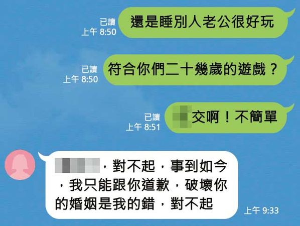 K女得知丈夫與許女外遇氣得傳訊質問，許女隨即道歉，但開庭時卻全盤否認。（示意畫面）