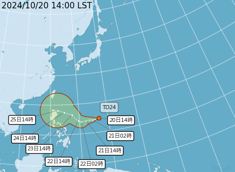 ▲▼熱帶性低氣壓TD24路徑預測。（圖／氣象署提供）