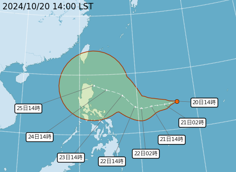 ▲▼熱帶性低氣壓TD24路徑預測。（圖／氣象署提供）