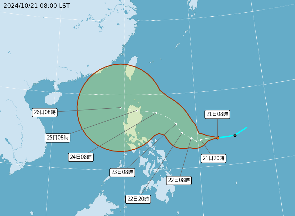 ▲▼熱帶性低氣壓TD24路徑預測。（圖／氣象署提供）