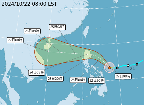 ▲▼潭美颱風路徑預測潛勢圖。（圖／氣象署提供）