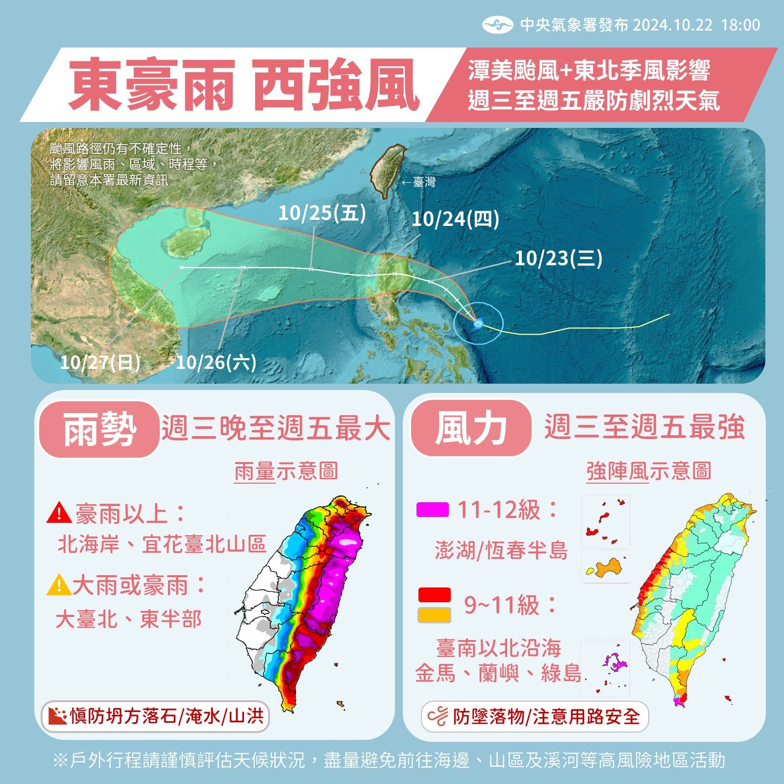 ▲▼今天至周五嚴防劇烈天氣，東防豪雨、西防強風。（圖／氣象署提供）