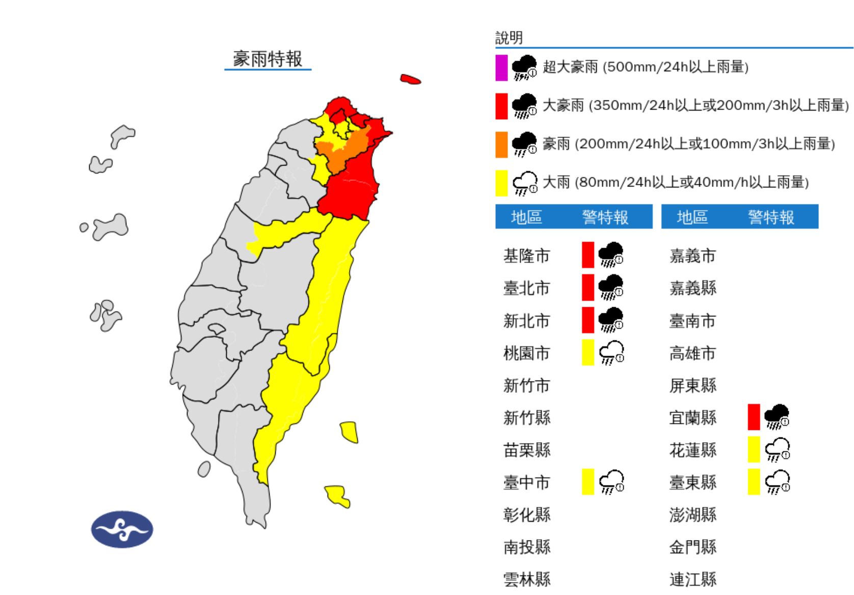 ▲▼8縣市豪大雨特報。（圖／氣象署提供）