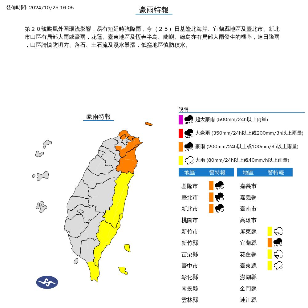 ▲▼7縣市發布豪大雨特報。（圖／氣象署提供）