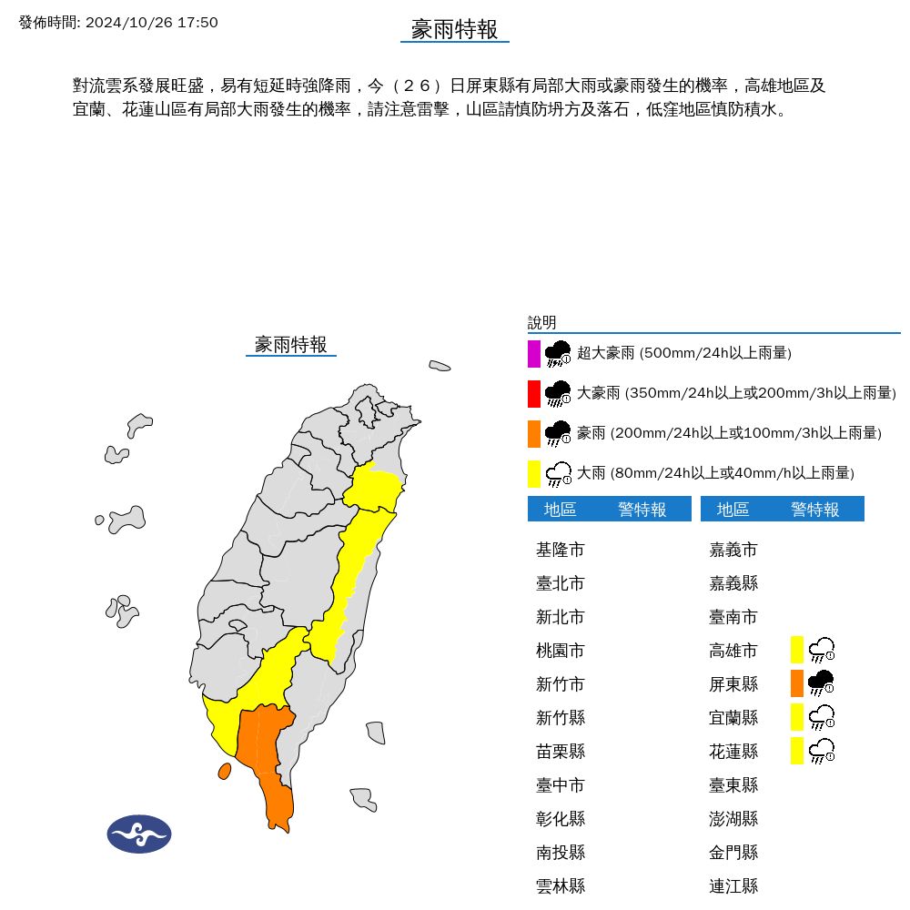 ▲▼4縣市發布豪大雨特報。（圖／氣象署提供）