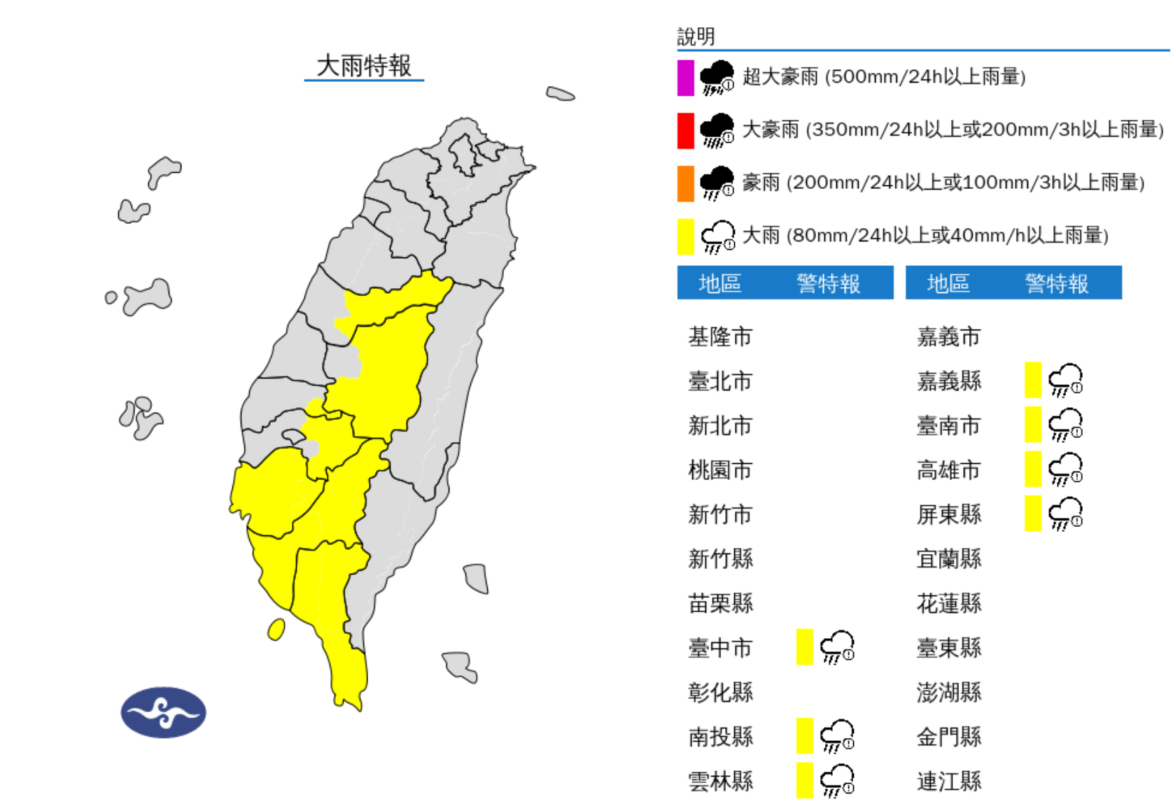 ▲▼7縣市大雨特報。（圖／氣象署提供）