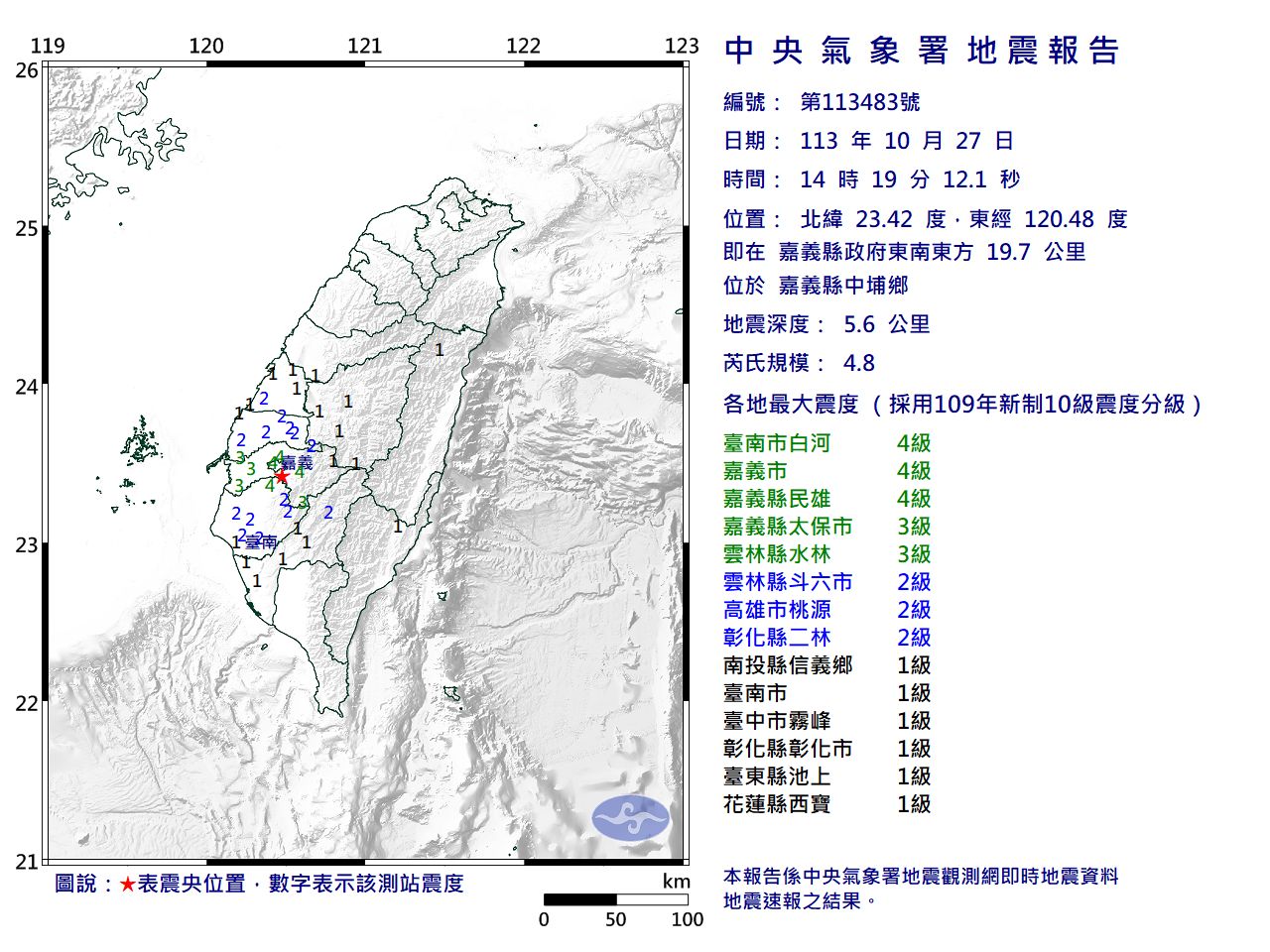 快訊／14:19嘉義中埔規模4.8「極淺層地震」　最大震度4級