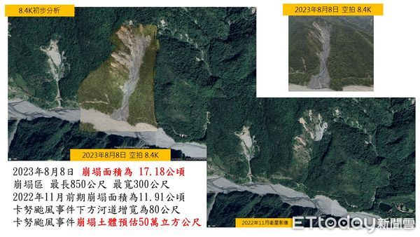 ▲▼卡努風災判釋奧萬大聯外道路8.4K崩塌地變化情形。（圖／林業保育署南投分署提供）