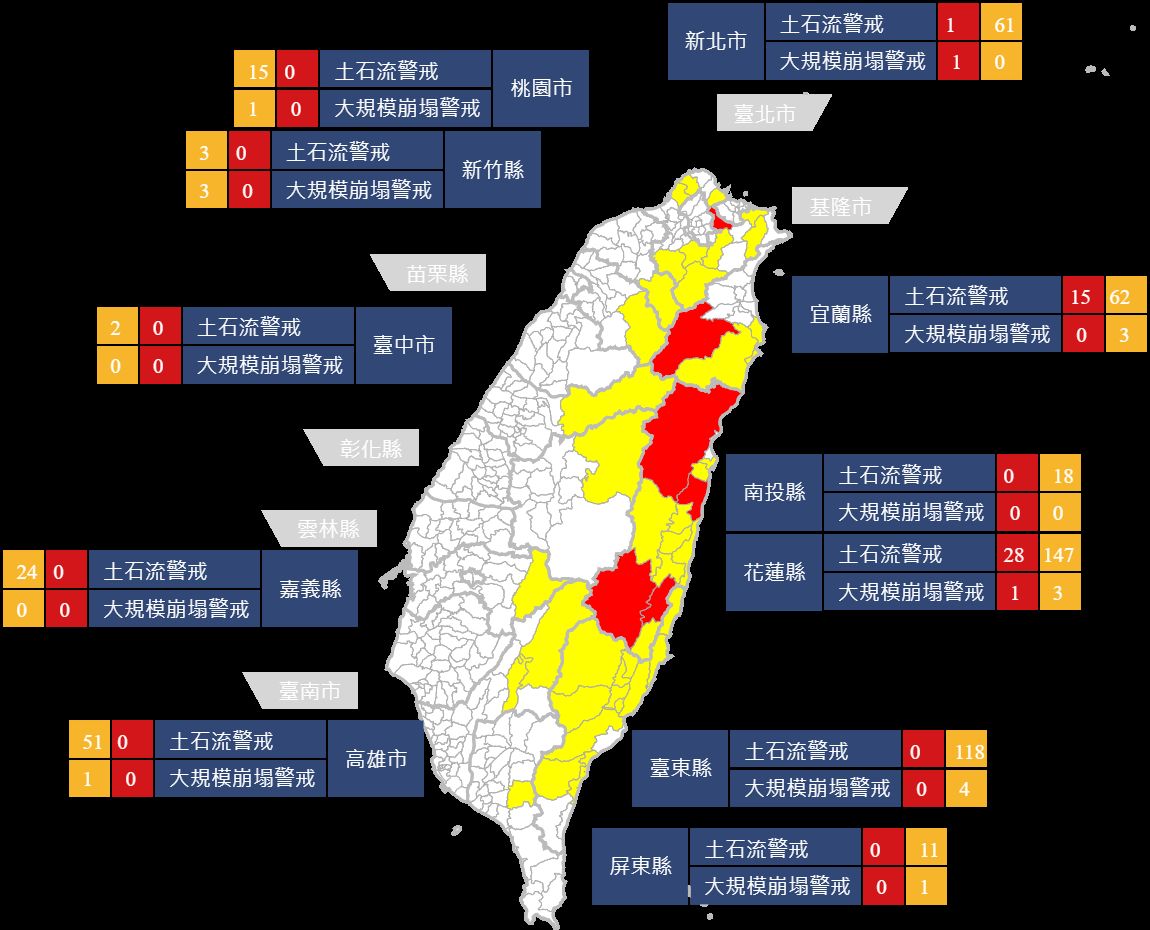 ▲▼▲農村水保署發布最新土石流警戒區域，土石流紅色警戒為44條。（圖／農村水保署提供）