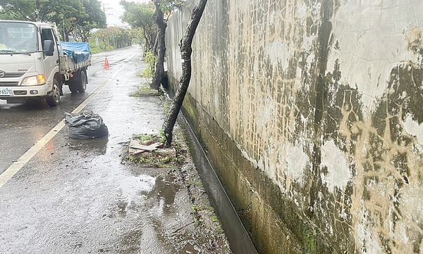 ▲桃園市楊梅區員本里長陳奕霖颱風天冒雨清理阻塞水溝，卻不慎摔落水溝被緊急送醫急救，現場還留有清理水溝後垃圾袋。（圖／市府養工處提供）