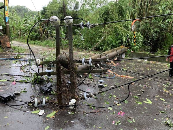 ▲康芮颱風帶來強風豪雨造成桃園龜山區樹木壓損電桿及電線倒斷。（圖／台電提供）