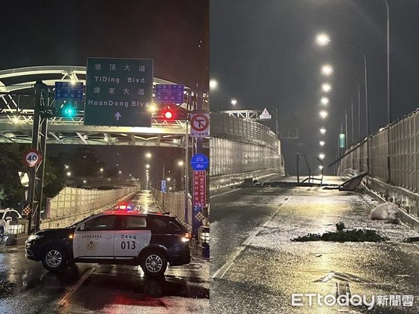 ▲▼快訊／大樓遮雨棚「吹到堤頂大道上」擋死2車道　現場大塞車。（圖／記者張君豪翻攝）