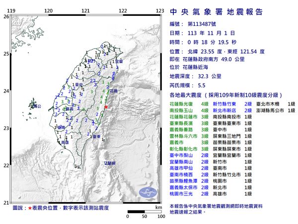 快訊／00:18花蓮近海規模5.5地震　最大震度4級