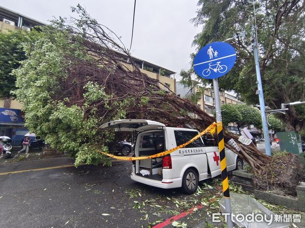 ▲▼強颱康芮挾強風豪雨侵襲台灣，颱風過境後滿目瘡痍，新北市新店三民路整排路樹被強風吹倒，中央新村更有鐵皮加蓋被掀翻，壓毀路旁保時捷跑車。（圖／記者湯興漢攝）