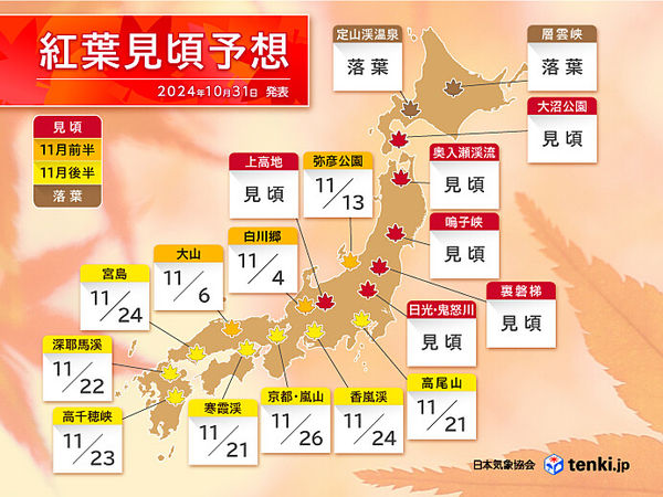 ▲▼日本氣象協會最新紅葉見頃預報。（圖／取自日本氣象協會官網）