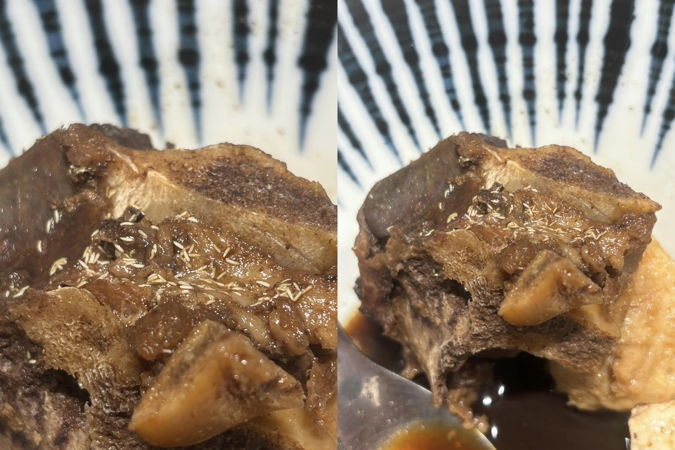 ▲有網友PO照指控台南米其林羊肉爐店「肉塊長白蛆」！業者喊冤並揚言提告。（圖／翻攝自Facebook／爆料公社官方專屬）