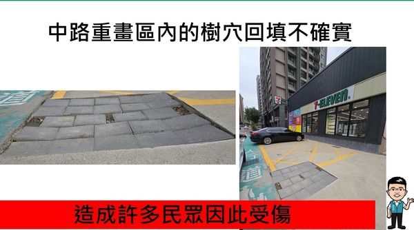 ▲桃園中路重劃區路不平，市議員黃家齊曝：發生多起民眾跌倒