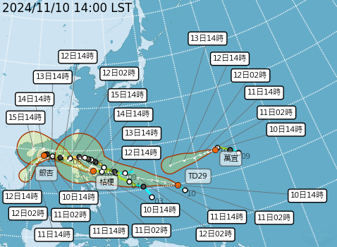 ▲▼銀杏、桔梗、萬宜颱風路徑預測。（圖／氣象署提供）