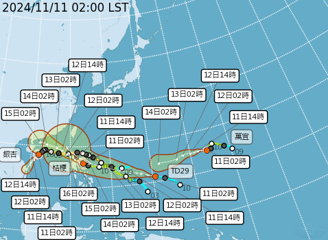 ▲▼銀杏、桔梗、萬宜3颱風，以及熱帶性低氣壓TD29路徑預測。（圖／氣象署提供）