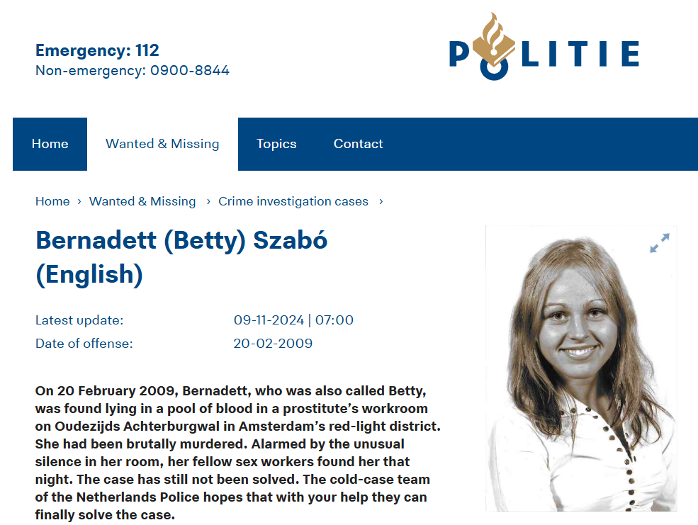 ▲性工作者貝蒂（Bernadette“Betty”Szabó）被殘殺年僅19歲。（圖／翻攝荷蘭警政資訊網）       。（圖／記者陳致平攝）