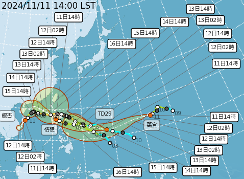 ▲▼銀杏、桔梗、萬宜3颱及熱帶性低氣壓TD29的路徑預測。（圖／氣象署提供）