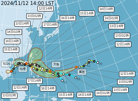 ▲▼桔梗、萬宜、天兔3颱路徑預測，銀杏颱風已減弱為熱帶性低氣壓 。（圖／氣象署提供）