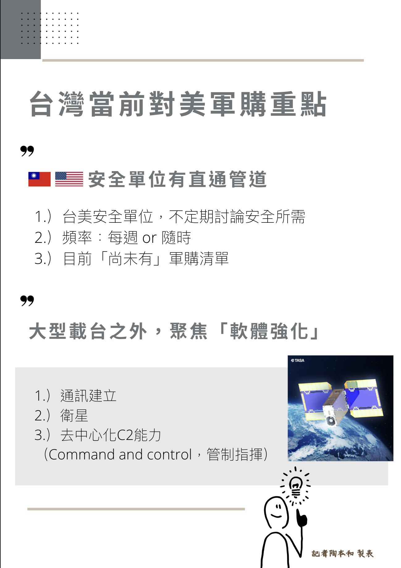 ▲▼台美安全單位有直通管道，隨時可討論；而目前除了對美軍購，也著重在通訊、衛星，以及去中心化C2能力的強化。（圖／記者陶本和製表）