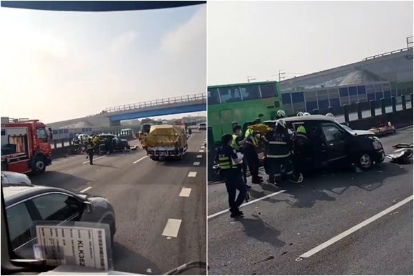 ▲▼國道輪胎飛到南下車道，砸到一台自小客車，1人OCHA。（圖／記者唐詠絮翻攝）