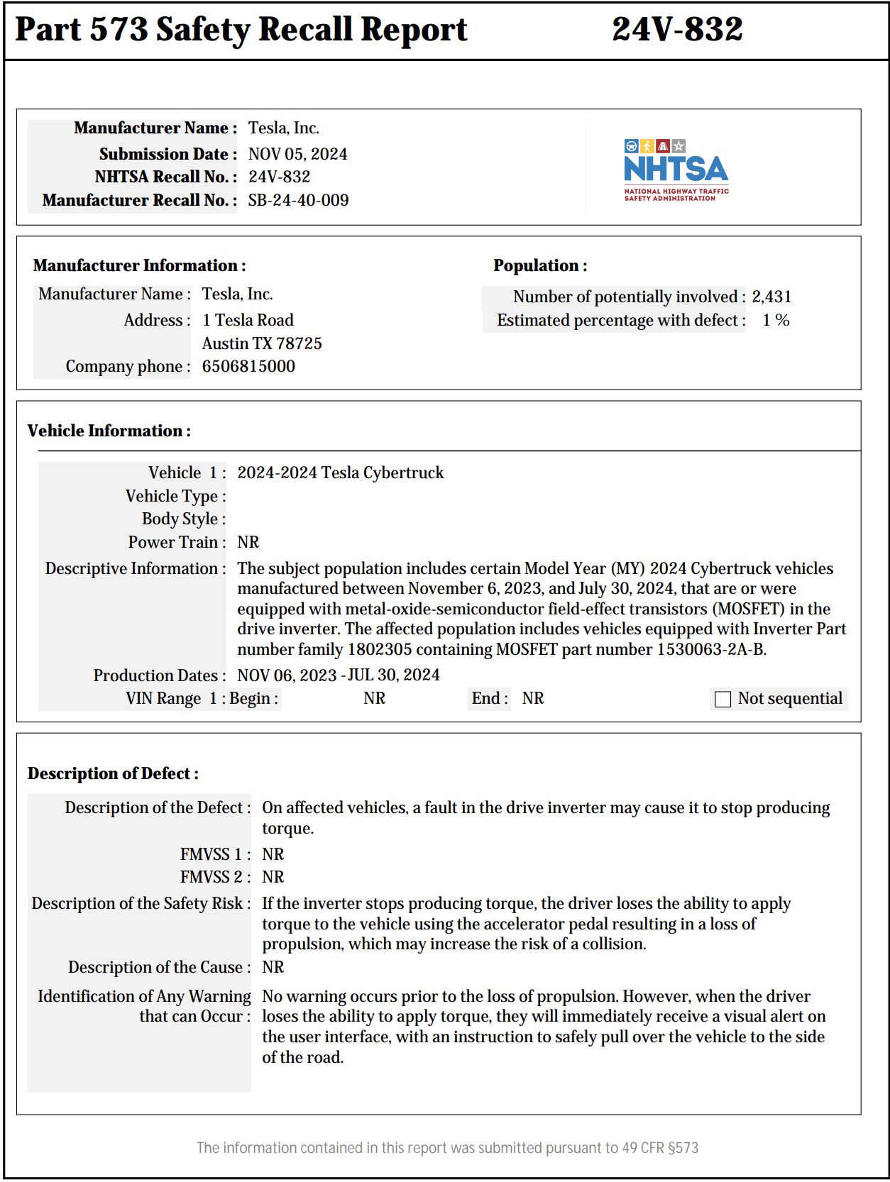 ▲特斯拉Cybertruck召修。（圖／翻攝自NHTSA）