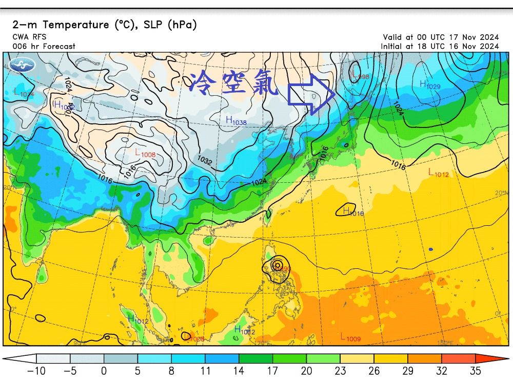 ▲▼冷高壓偏北出海，雖冷空氣強度不弱，但降溫有限。（圖／鄭明典臉書）