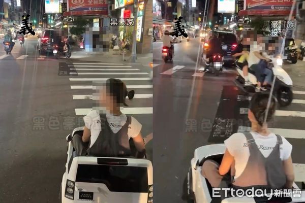 ▲▼三重女子開電動玩具車過馬路，男童開兒童卡丁車行駛在馬路上             。（翻攝黑色豪門企業社會事新聞影音）