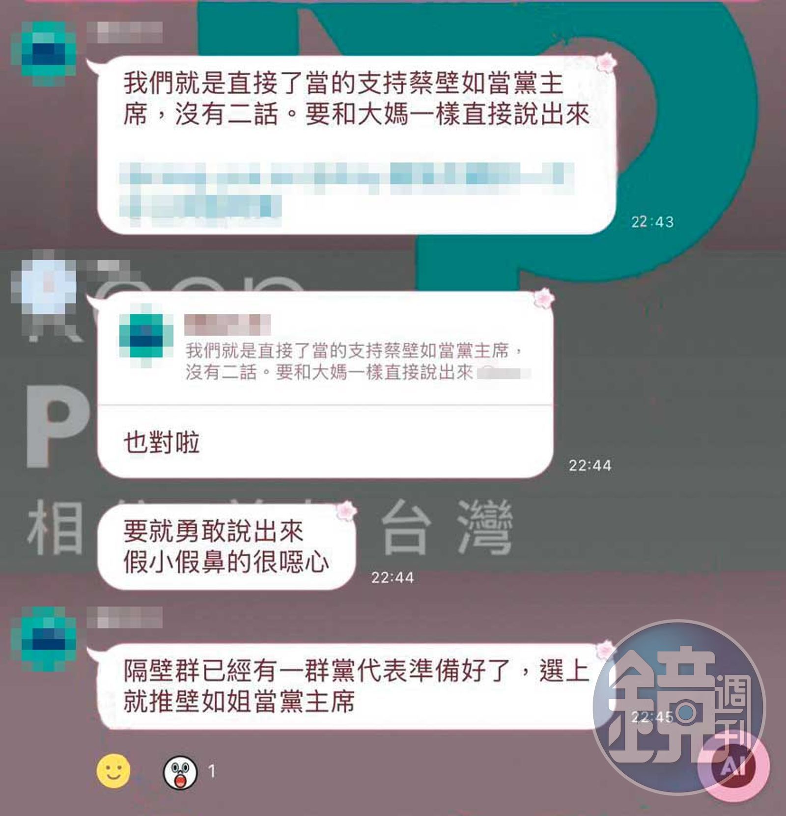 民眾黨員群組中，已經出現擁蔡壁如當主席的發言。（讀者提供）