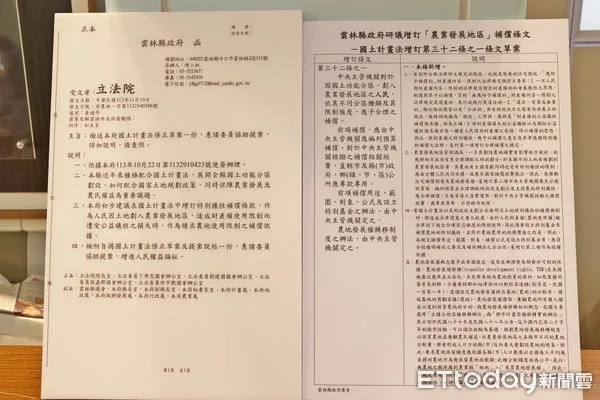 ▲雲林縣長張麗善今日向立委張嘉郡、丁學忠、許宇甄遞交國土計畫法增修「農業權」入法的公文書，。（圖／記者王悉宇翻攝）