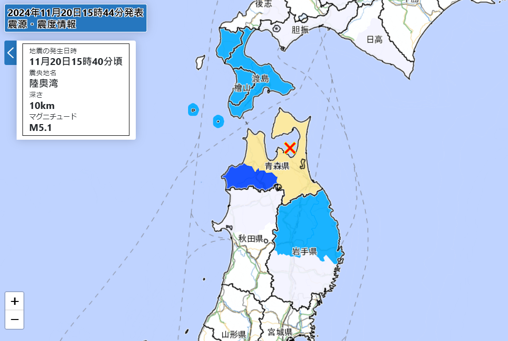 ▲▼即／日本青森「陸奧灣」5.1地震！深度僅10公里。（圖／日本氣象廳）