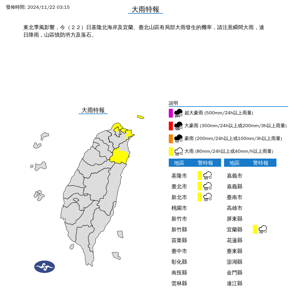 ▲▼大雨特報。（圖／中央氣象署）