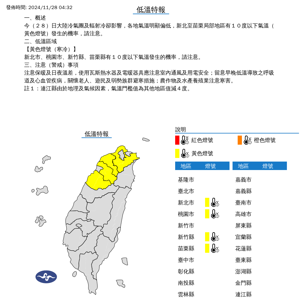 ▲▼低溫特報。（圖／中央氣象署）